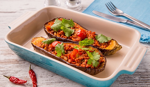 Eggplants Stuffed with Pearl Barley, Tomato and Chili