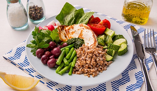 Fried Cheese with Buckwheat, Fresh Vegetables and Herb Dressing
