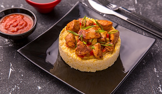 Chicken with Srirache Sauce and Cornmeal Porridge