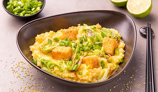 Crispy Tofu with Chinese Cabbage on a Bed of Cornmeal