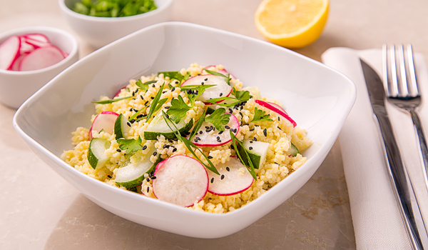 Salad with Millet, Vegetables and Sesame Seed Dressing