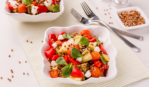 Salad with Baked Vegetables, Goat Cheese and Pop Buckwheat