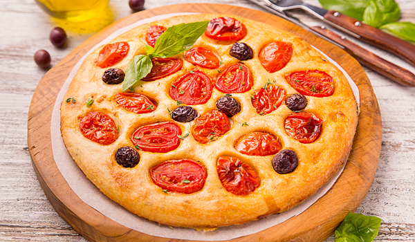 Focaccia with Tomatoes, Olives and Herbs