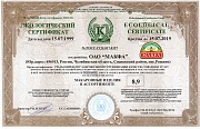 绿色食品证书。通心粉。俄罗斯车里雅宾斯克州索斯诺夫斯基区罗西诺镇。有效期截止到2019年7月15日。